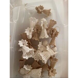 12 Handmade Crochet Angel Ornaments – White & Tan – Lace Style – Holiday Decor